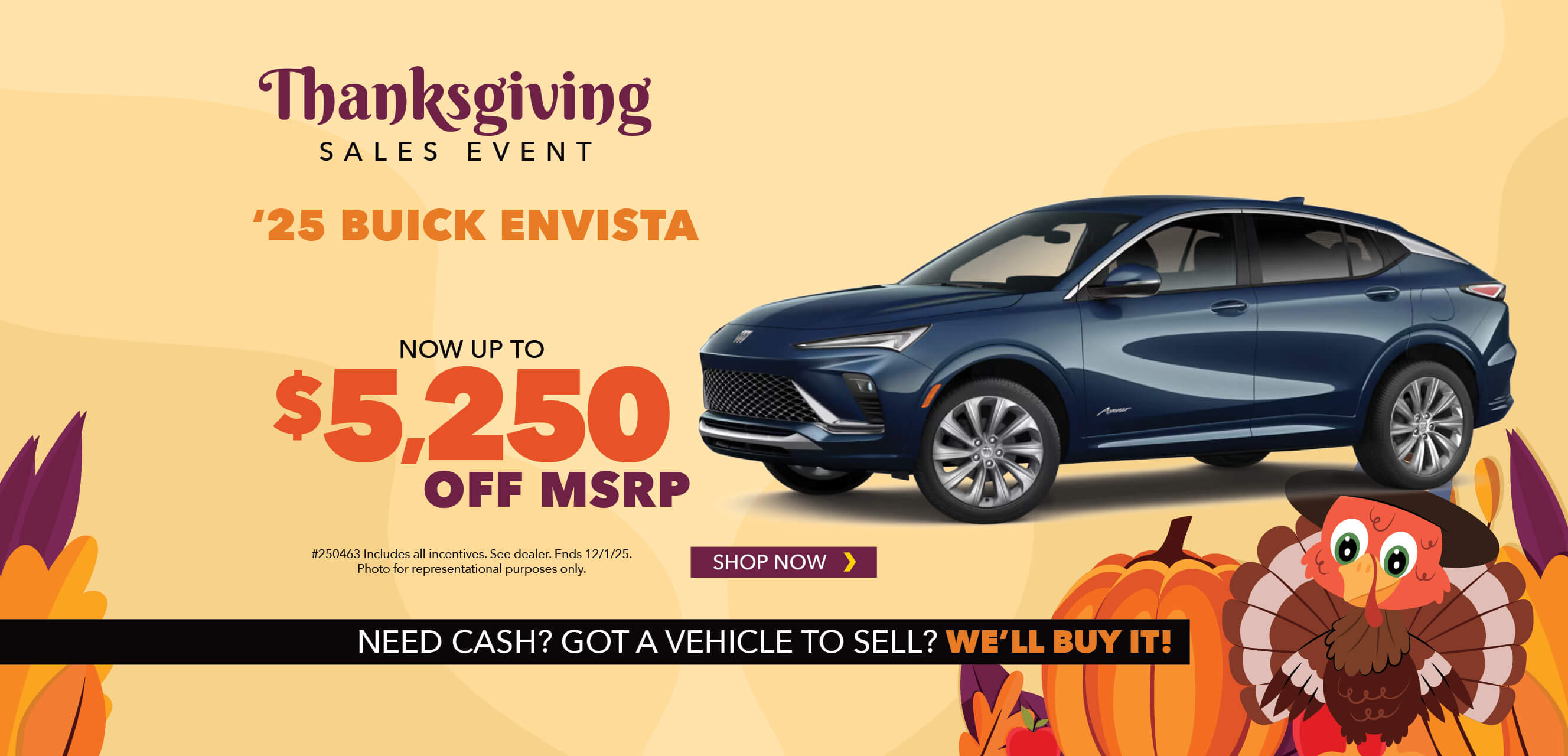 Blue SUV with advertising slogans:  Now up to $5,250 off MSRP on 2025 Buick Envista.